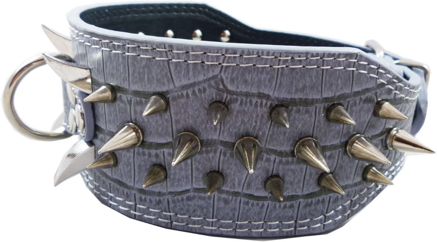 Grey Faux Croc Leather Spiked Dog Collar 3" Wide, 40 Large Spikes Pet Collar