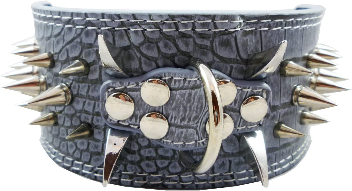 Grey Faux Croc Leather Spiked Dog Collar 3" Wide, 40 Large Spikes Pet Collar