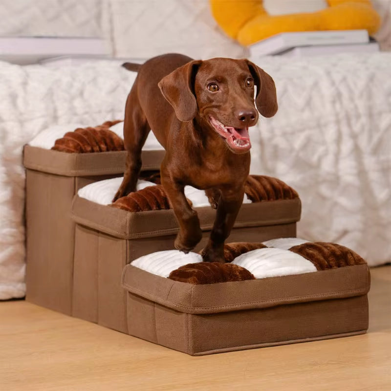 3 Steps Folding Dog Stairs Foldable Chessboard Handcrafted with Storage and Condo for High Bed & Sofa