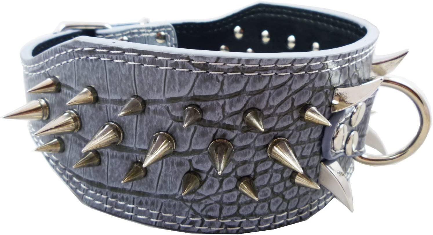 Grey Faux Croc Leather Spiked Dog Collar 3" Wide, 40 Large Spikes Pet Collar