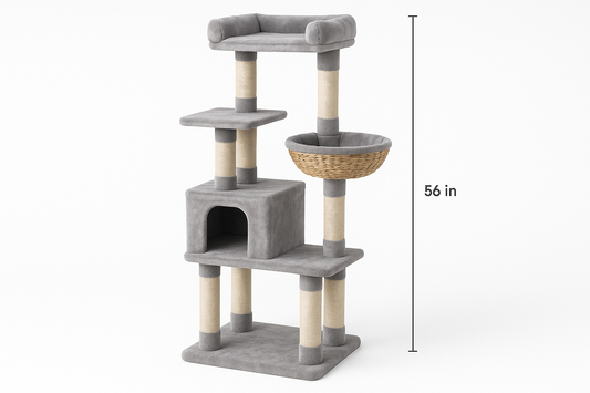 56" Cat Tree for Indoor Cats Cat Condos for Adult Cats with Padded Plush Perch and Cozy Basket Cat Tower for Large Cats , Gray