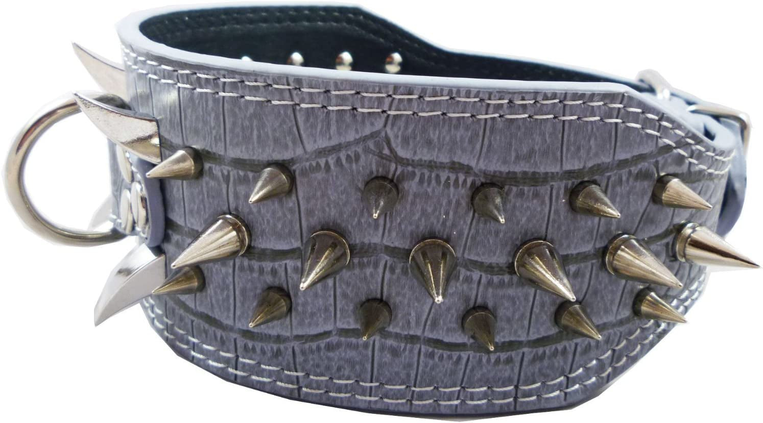 Grey Faux Croc Leather Spiked Dog Collar 3" Wide, 40 Large Spikes Pet Collar