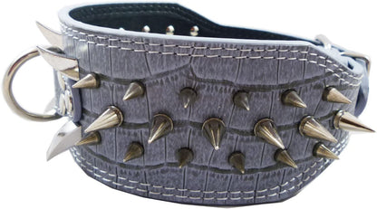 Grey Faux Croc Leather Spiked Dog Collar 3" Wide, 40 Large Spikes Pet Collar