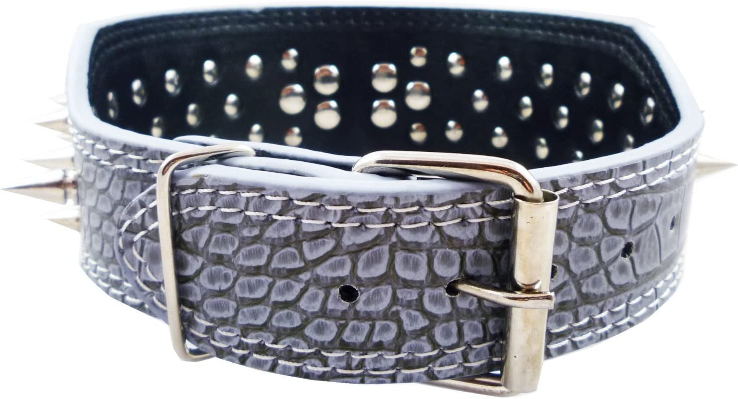 Grey Faux Croc Leather Spiked Dog Collar 3" Wide, 40 Large Spikes Pet Collar