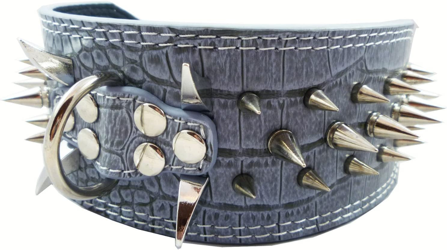 Grey Faux Croc Leather Spiked Dog Collar 3" Wide, 40 Large Spikes Pet Collar