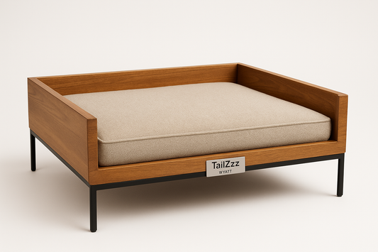 TailZzz Wyatt Wooden Pet Bed with Mattress. Made of a solid wood frame with sturdy metal feet,